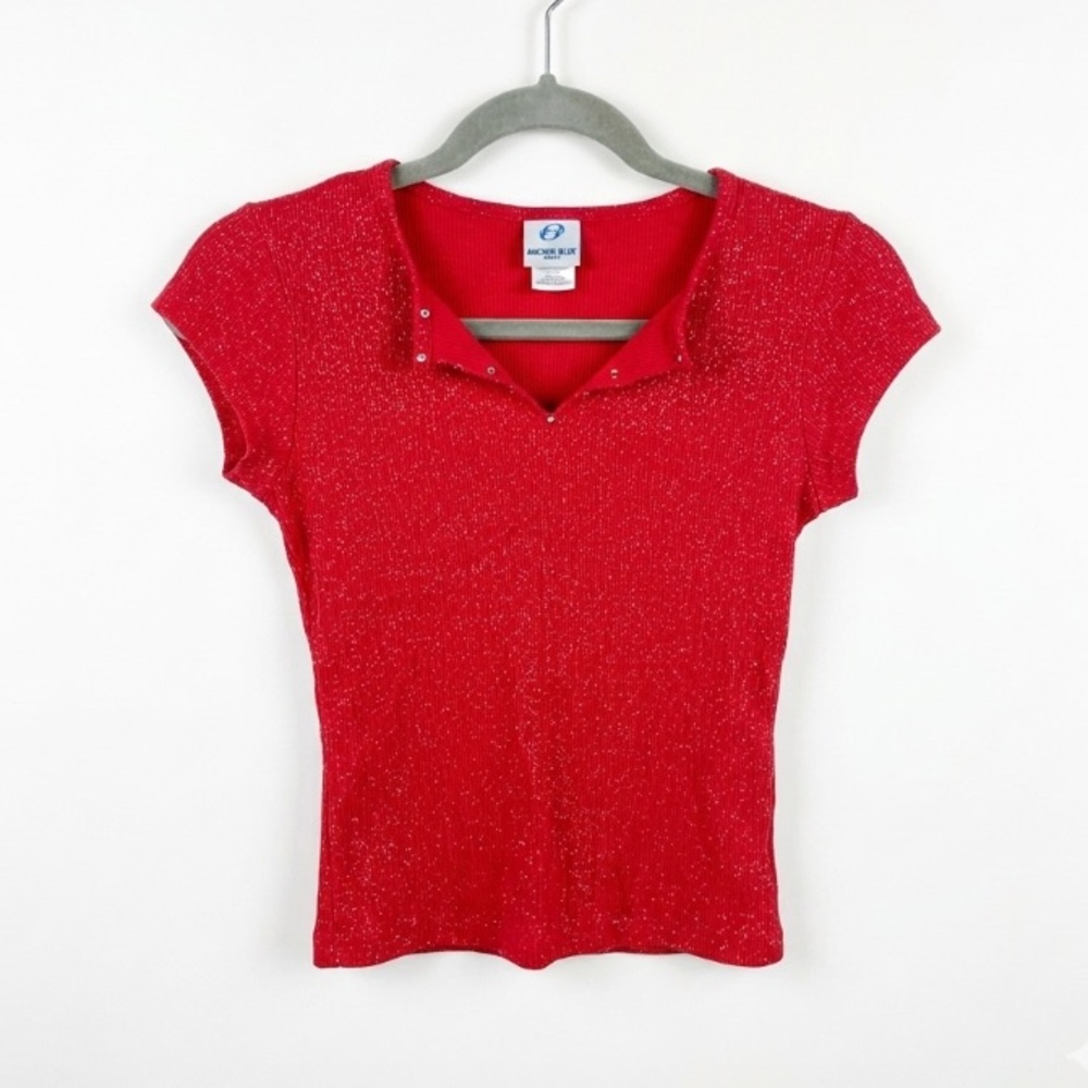 Vintage Y2K Anchor Blue Red Shimmer Ribbed Rhinestone Baby Tee M